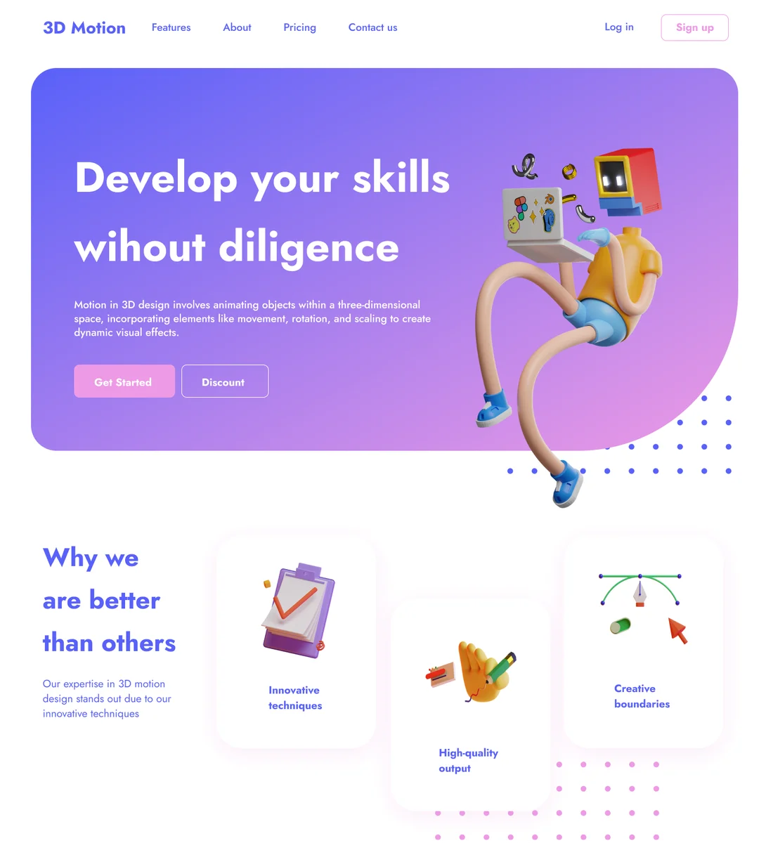 3d motion landing page تصميم صفحة هبوط